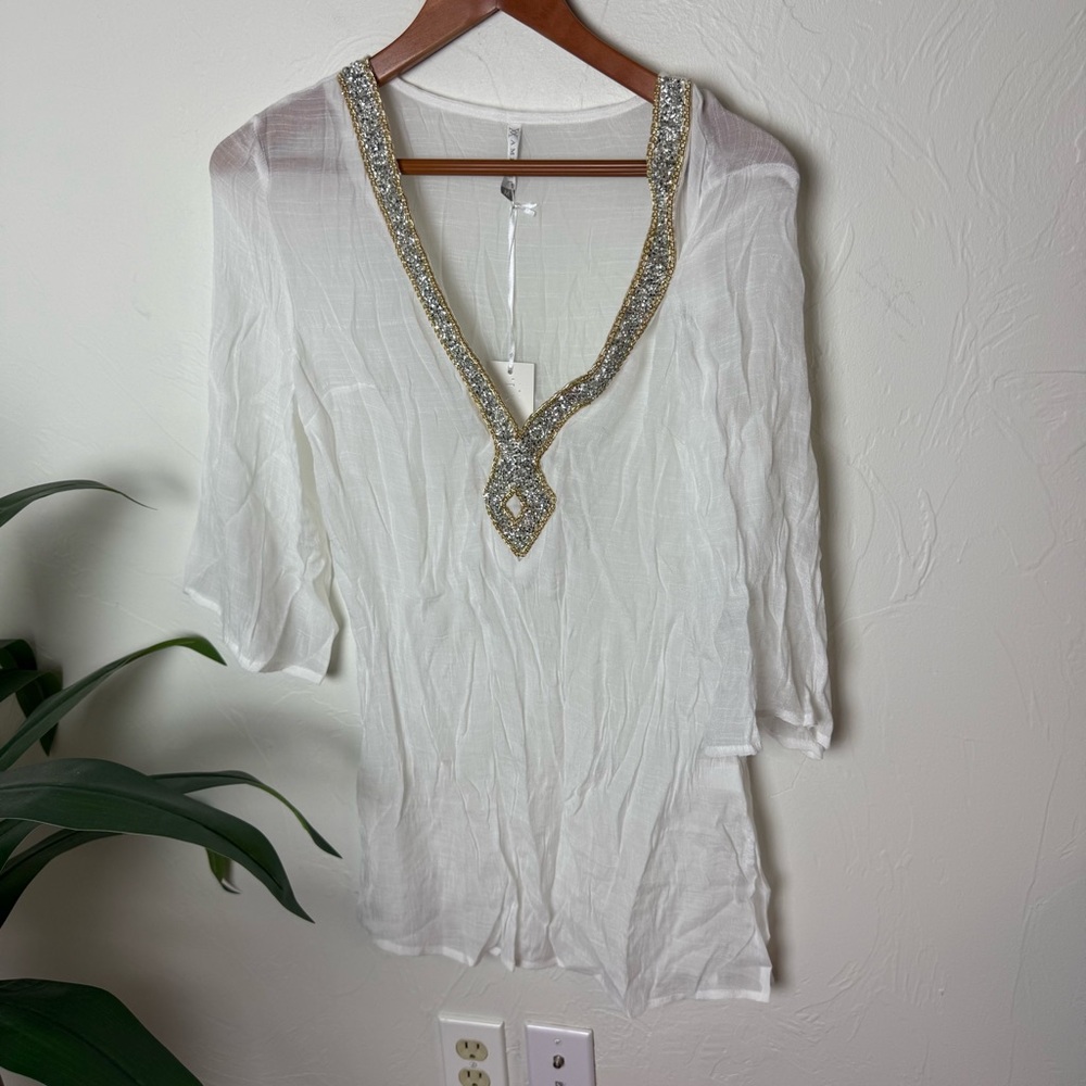 White Embellished V-Neck Women's Blouse